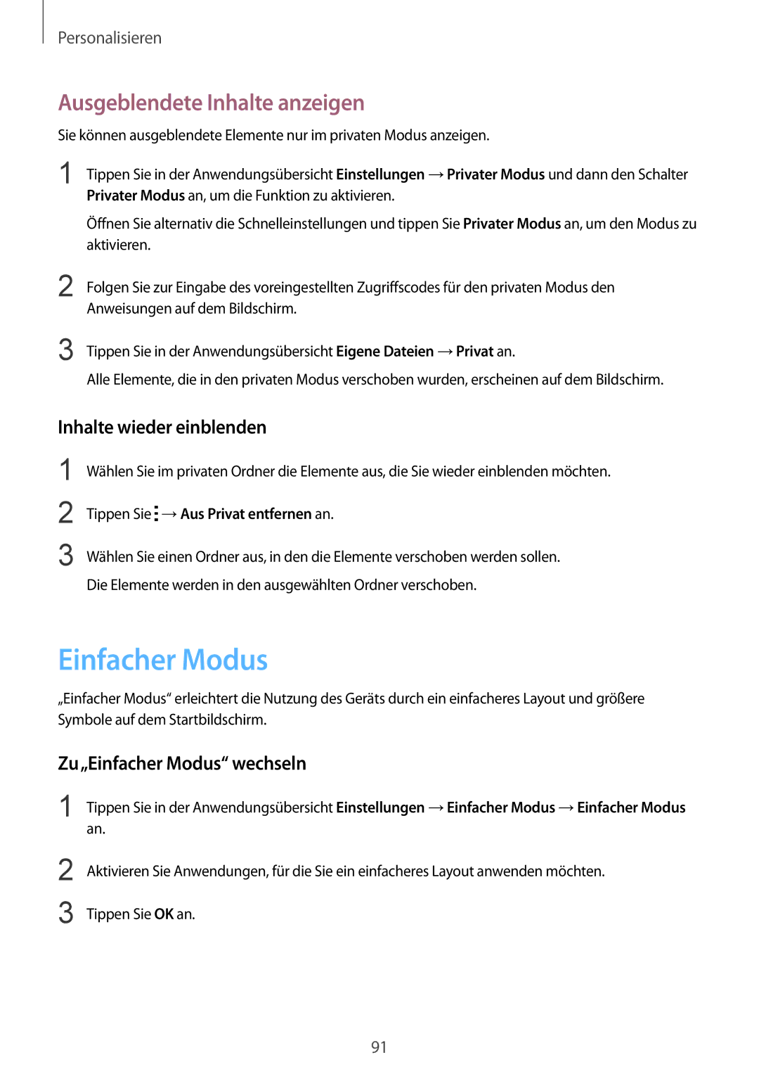 Samsung SM-N915FZKYTPH, SM-N915FZWYEUR manual Einfacher Modus, Ausgeblendete Inhalte anzeigen, Inhalte wieder einblenden 