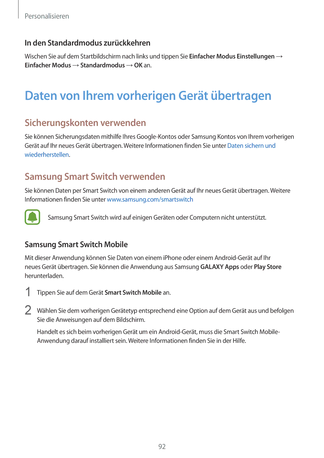 Samsung SM-N915FZWYXEO, SM-N915FZWYEUR manual Daten von Ihrem vorherigen Gerät übertragen, Sicherungskonten verwenden 