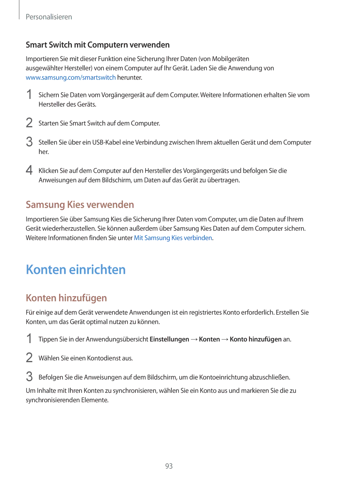 Samsung SM-N915FZWYDBT Konten einrichten, Samsung Kies verwenden, Konten hinzufügen, Smart Switch mit Computern verwenden 