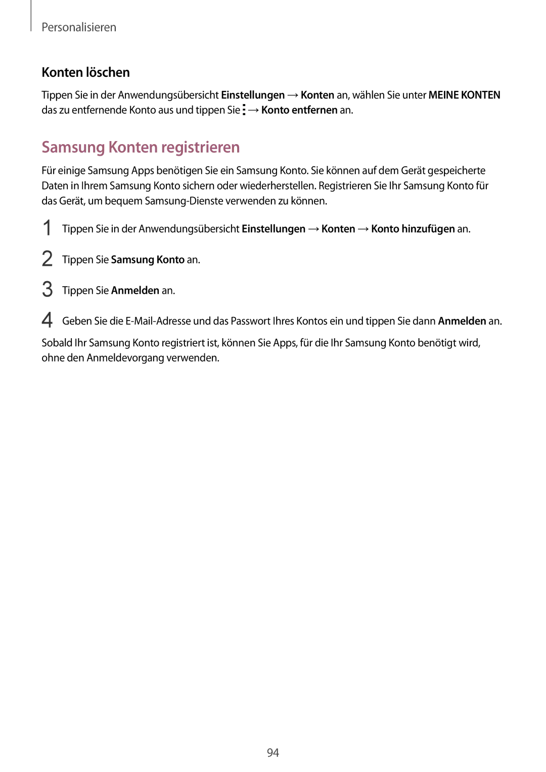 Samsung SM-N915FZKYEUR, SM-N915FZWYEUR, SM-N915FZKYATO, SM-N915FZWYTPH manual Samsung Konten registrieren, Konten löschen 