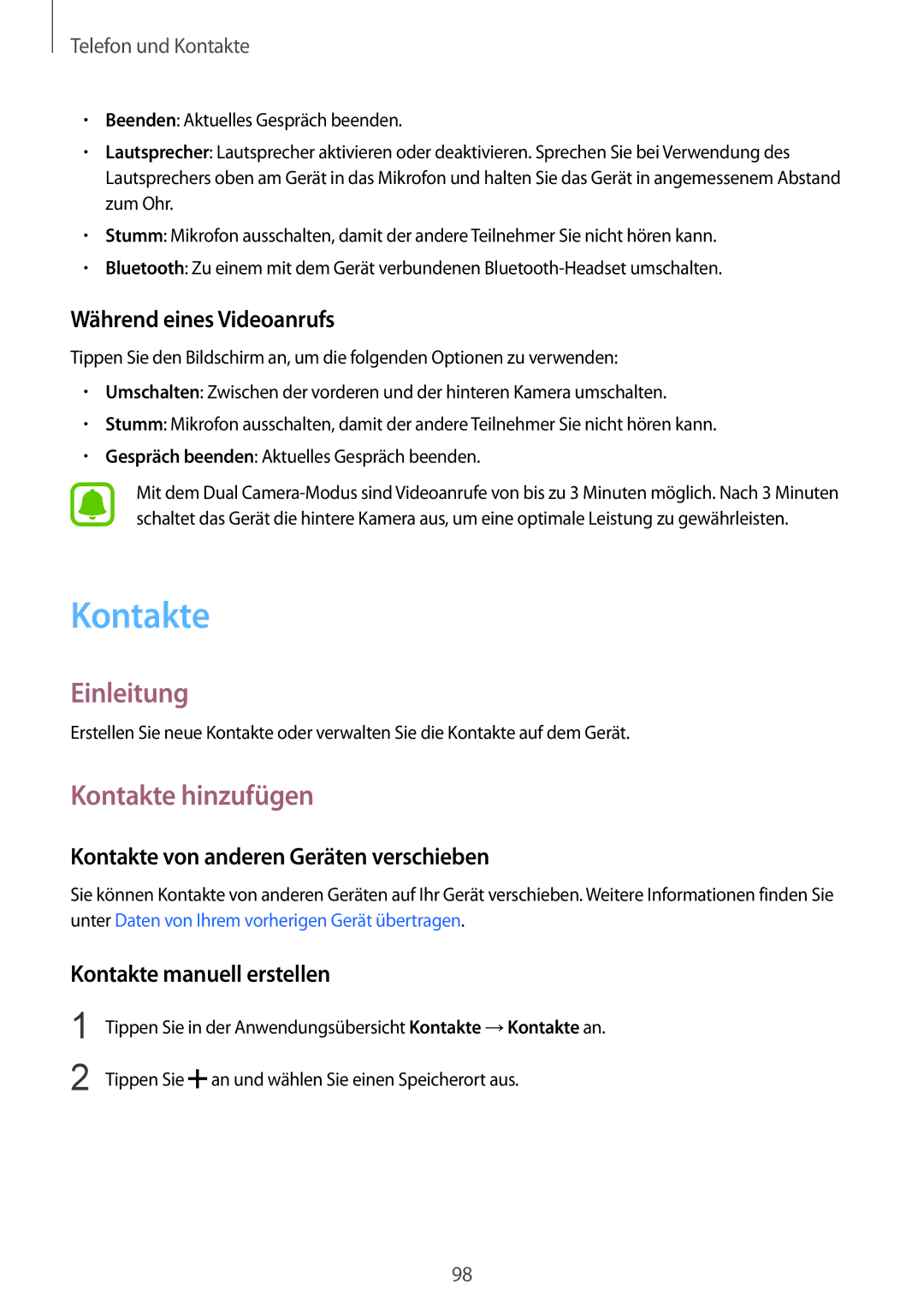 Samsung SM-N915FZKYXEF manual Kontakte hinzufügen, Während eines Videoanrufs, Kontakte von anderen Geräten verschieben 