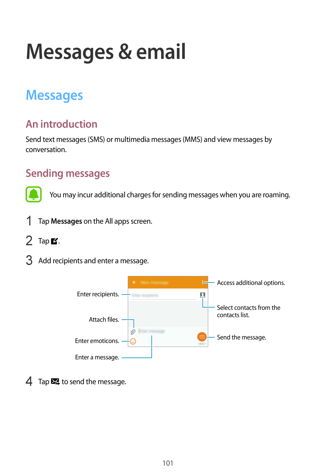 Samsung SM-N915FZKYSEB, SM-N915FZWYEUR, SM-N915FZKYATO, SM-N915FZWYTPH Messages & email, Sending messages, An introduction 