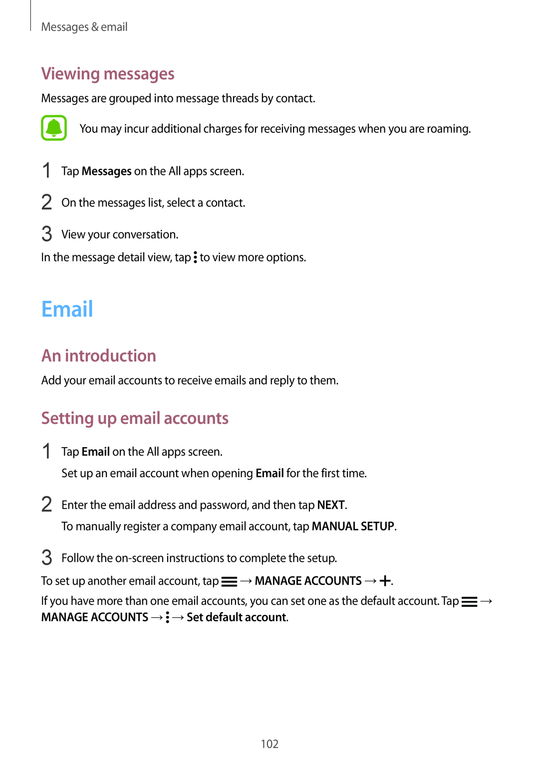 Samsung SM-N915FZKYDBT manual Email, Viewing messages, Setting up email accounts, Messages & email, An introduction 