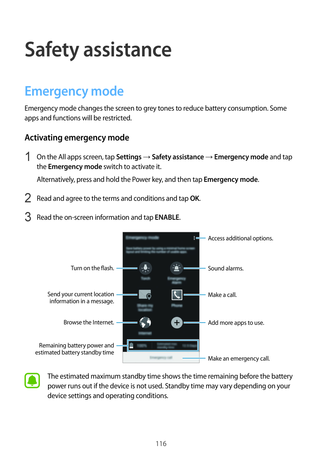 Samsung SM-N915FZWYAUT, SM-N915FZWYEUR, SM-N915FZKYATO manual Safety assistance, Emergency mode, Activating emergency mode 