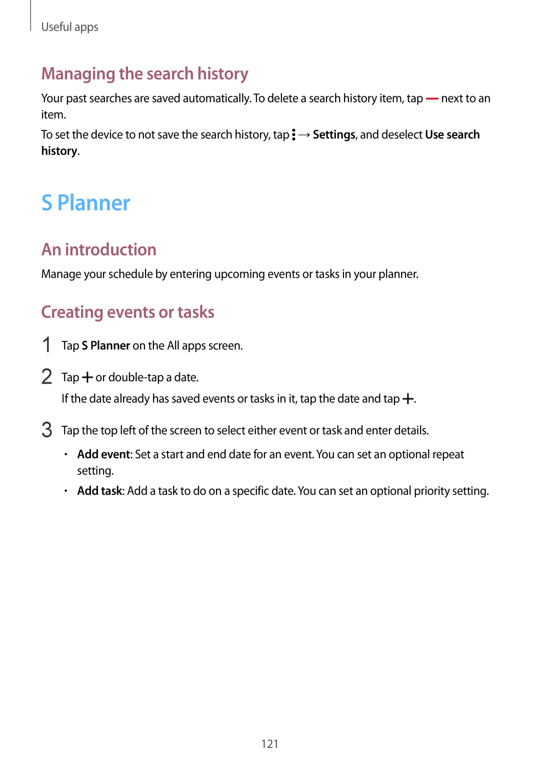 Samsung SM-N915FZWYSEB S Planner, Managing the search history, Creating events or tasks, An introduction, Useful apps 