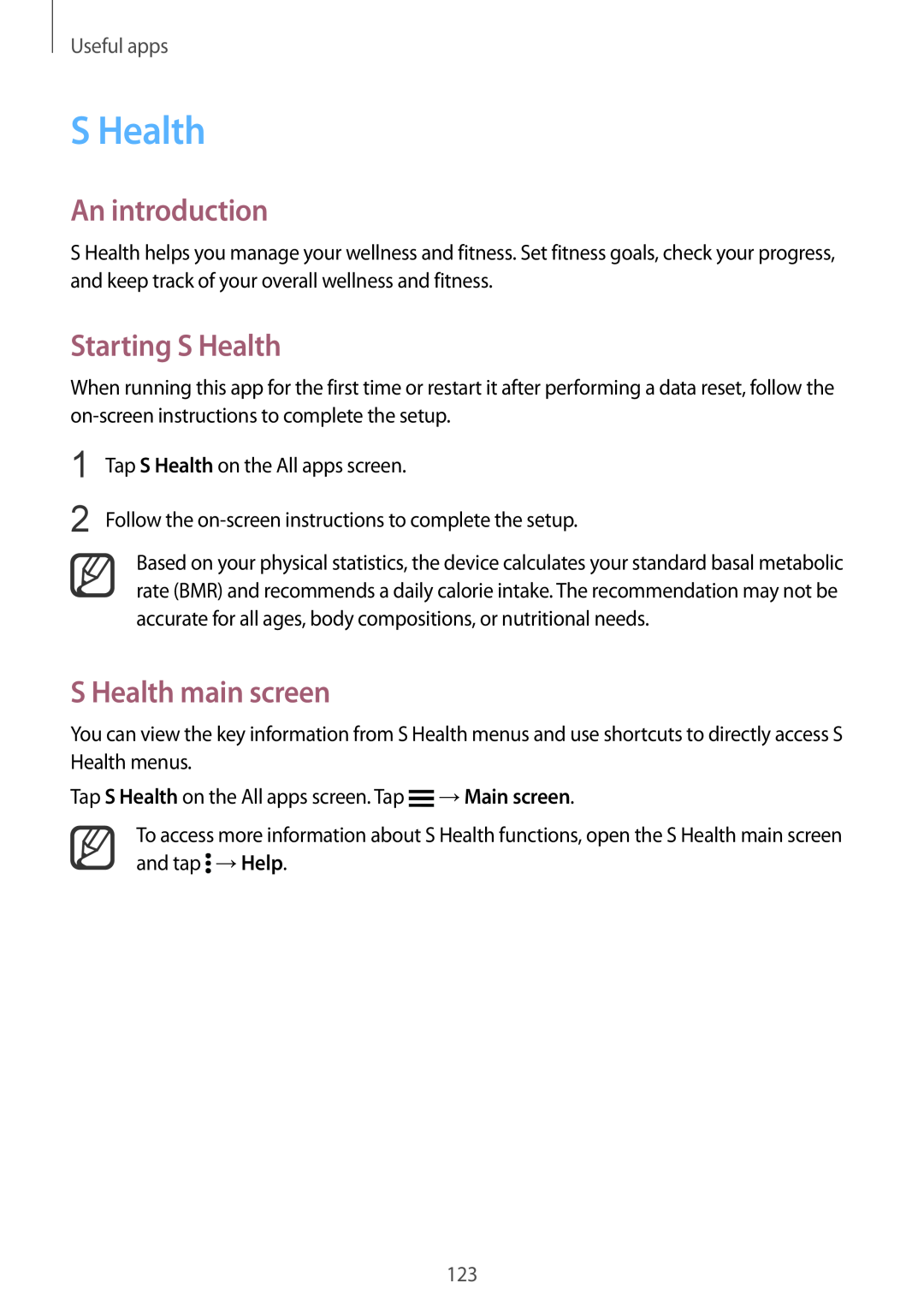 Samsung SM-N915FZKESER, SM-N915FZWYEUR manual Starting S Health, S Health main screen, An introduction, Useful apps 