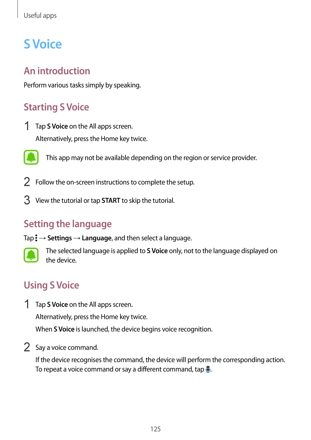 Samsung SM-N915FZKYATO manual Starting S Voice, Setting the language, Using S Voice, An introduction, Useful apps 