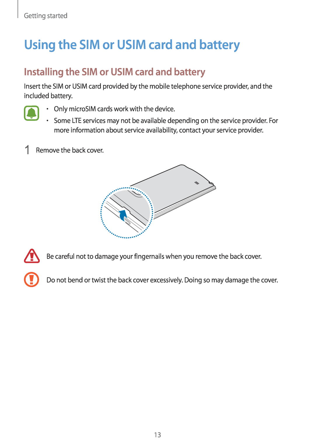 Samsung SM-N915FZKYXEO, SM-N915FZWYEUR Using the SIM or USIM card and battery, Installing the SIM or USIM card and battery 