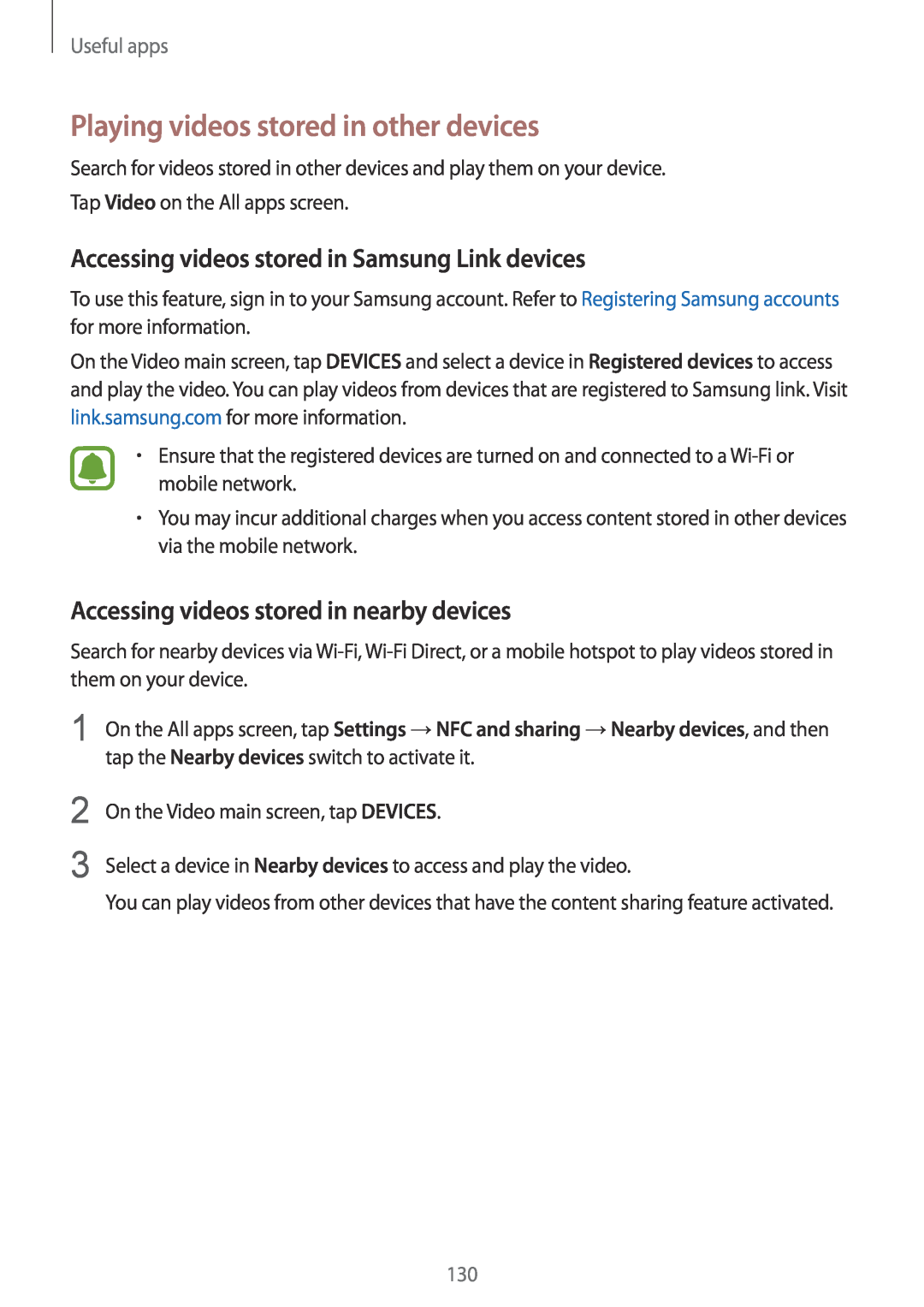 Samsung SM-N915FZKYEUR manual Playing videos stored in other devices, Accessing videos stored in Samsung Link devices 