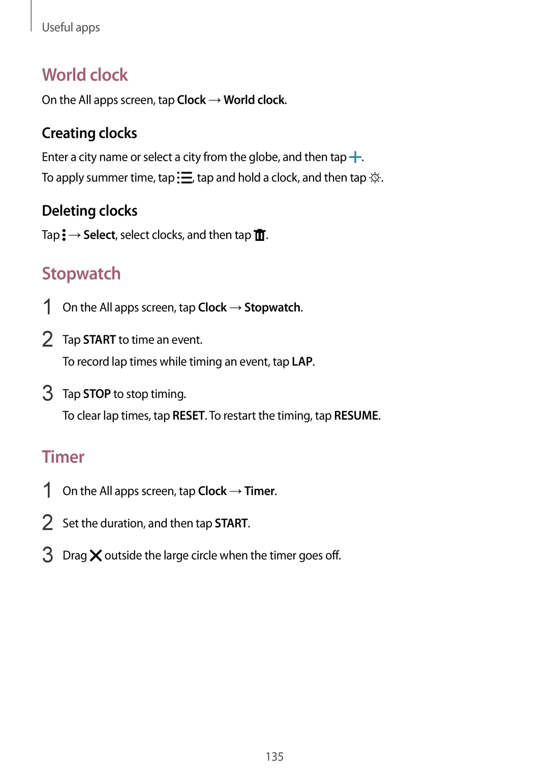 Samsung SM-N915FZWYXEF, SM-N915FZWYEUR manual World clock, Stopwatch, Timer, Creating clocks, Deleting clocks, Useful apps 