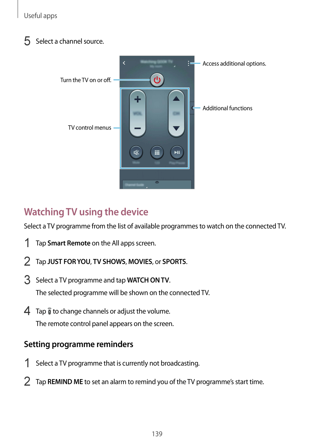 Samsung SM-N915FZKYITV, SM-N915FZWYEUR manual Watching TV using the device, Setting programme reminders, Useful apps 