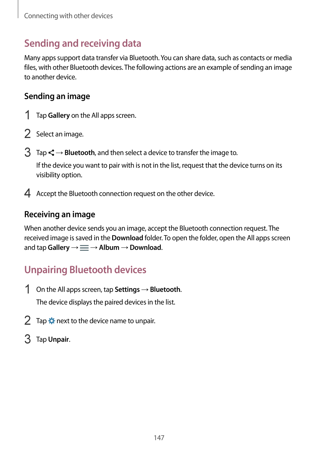 Samsung SM-N915FZWYAUT manual Sending and receiving data, Unpairing Bluetooth devices, Sending an image, Receiving an image 