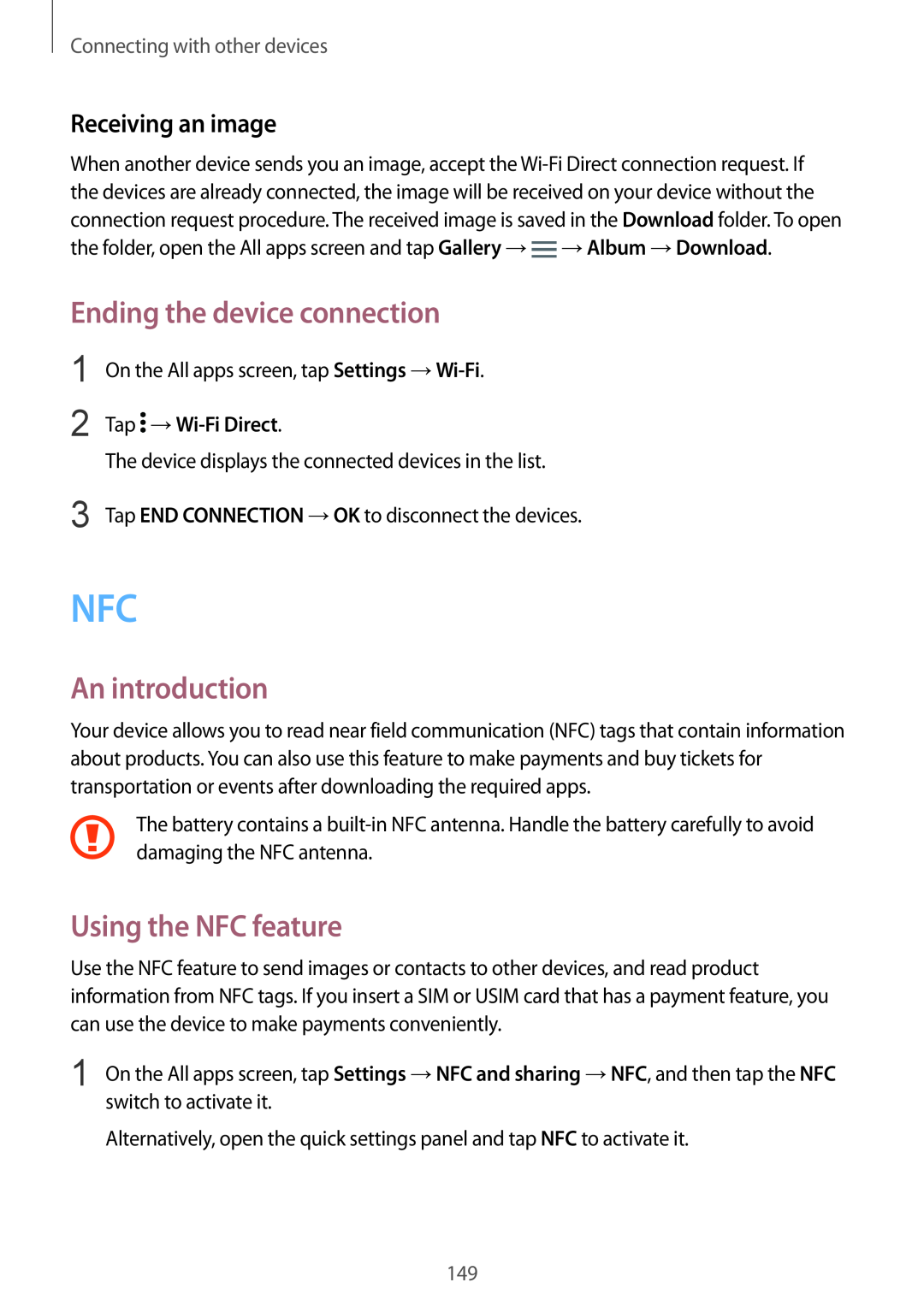 Samsung SM-N915FZKYXEH manual Ending the device connection, Using the NFC feature, An introduction, Receiving an image 