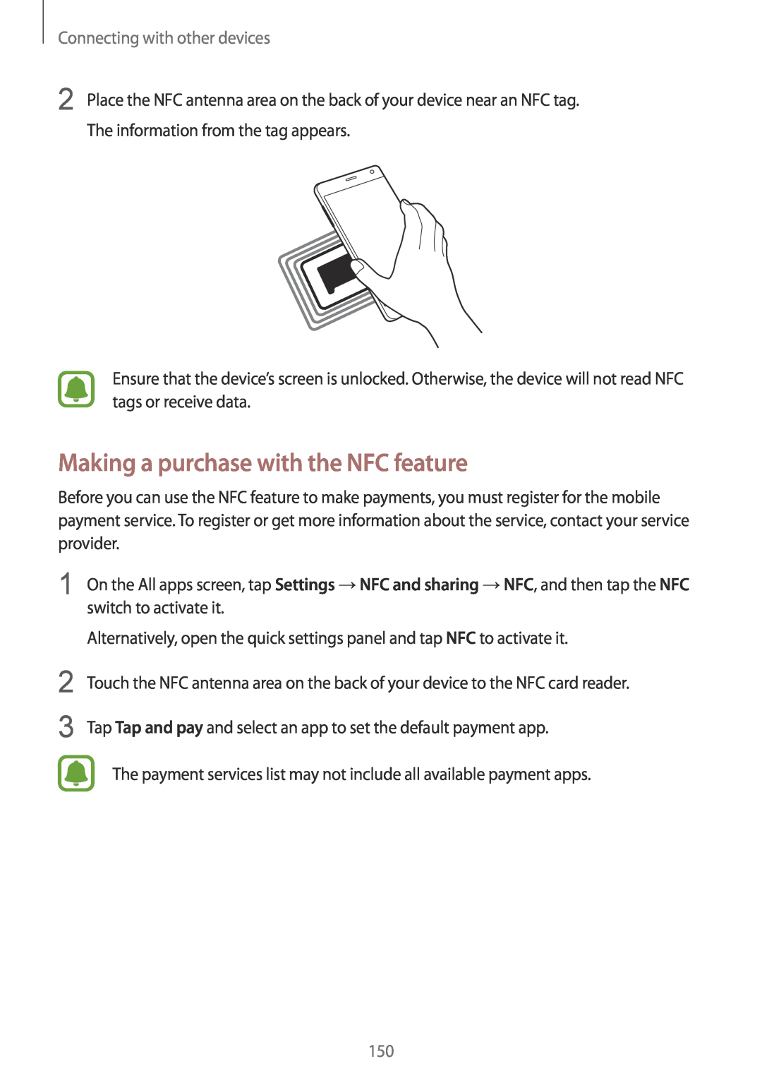 Samsung SM-N915FZWYNEE, SM-N915FZWYEUR manual Making a purchase with the NFC feature, Connecting with other devices 