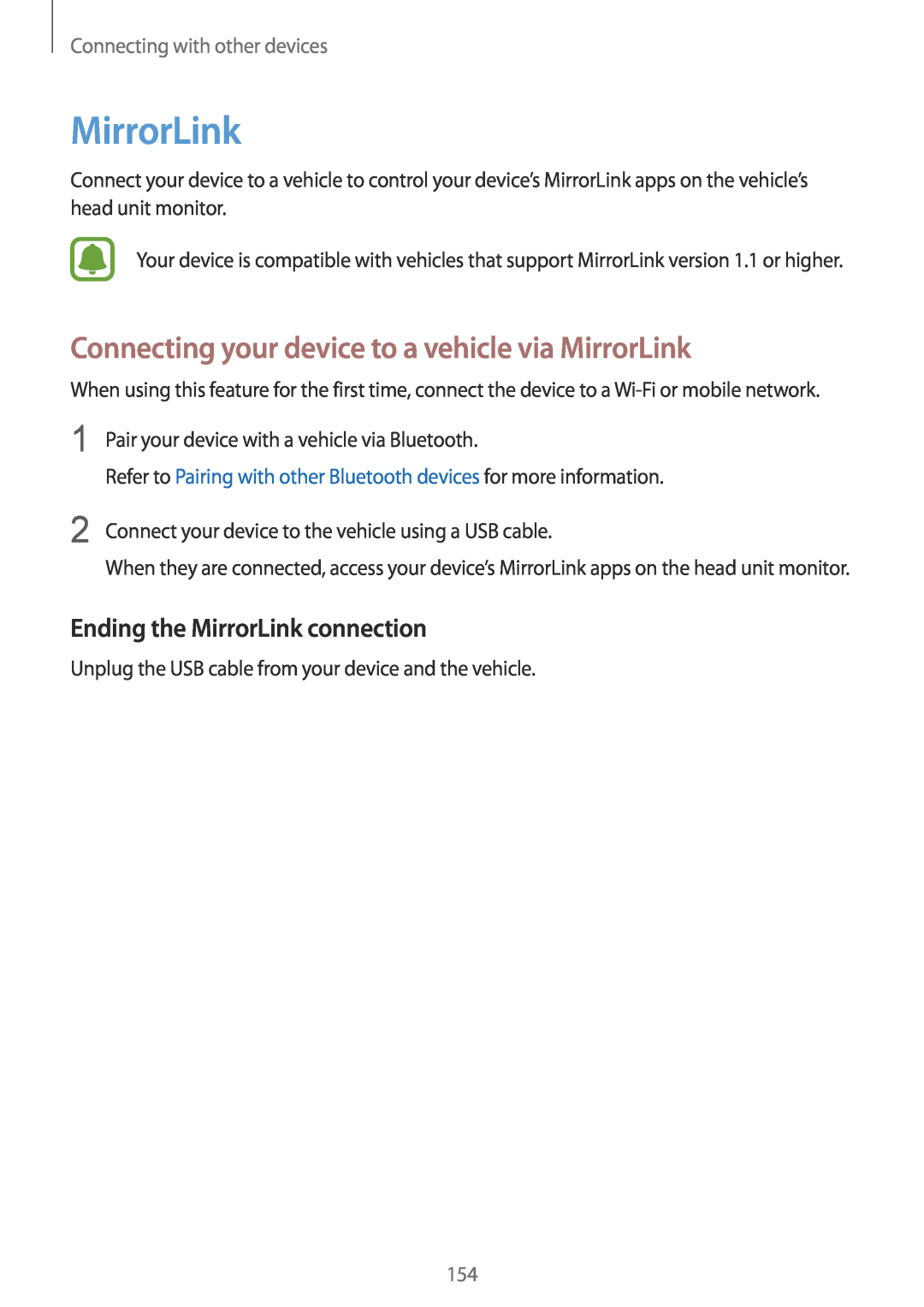 Samsung SM-N915FZKESER manual Connecting your device to a vehicle via MirrorLink, Ending the MirrorLink connection 