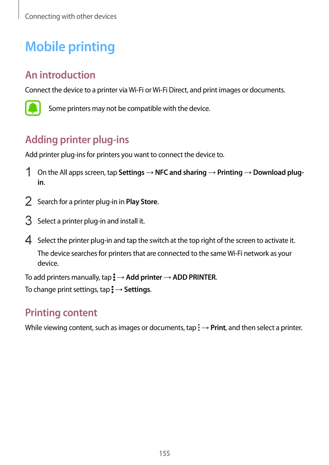 Samsung SM-N915FZWYEUR, SM-N915FZKYATO manual Mobile printing, Adding printer plug-ins, Printing content, An introduction 