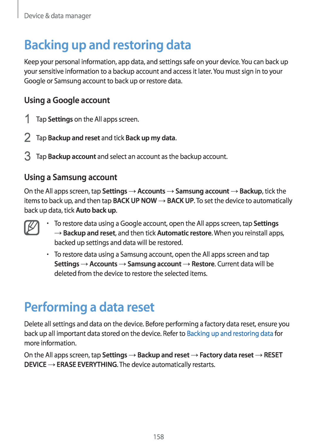 Samsung SM-N915FZKYTPH, SM-N915FZWYEUR manual Backing up and restoring data, Performing a data reset, Using a Google account 
