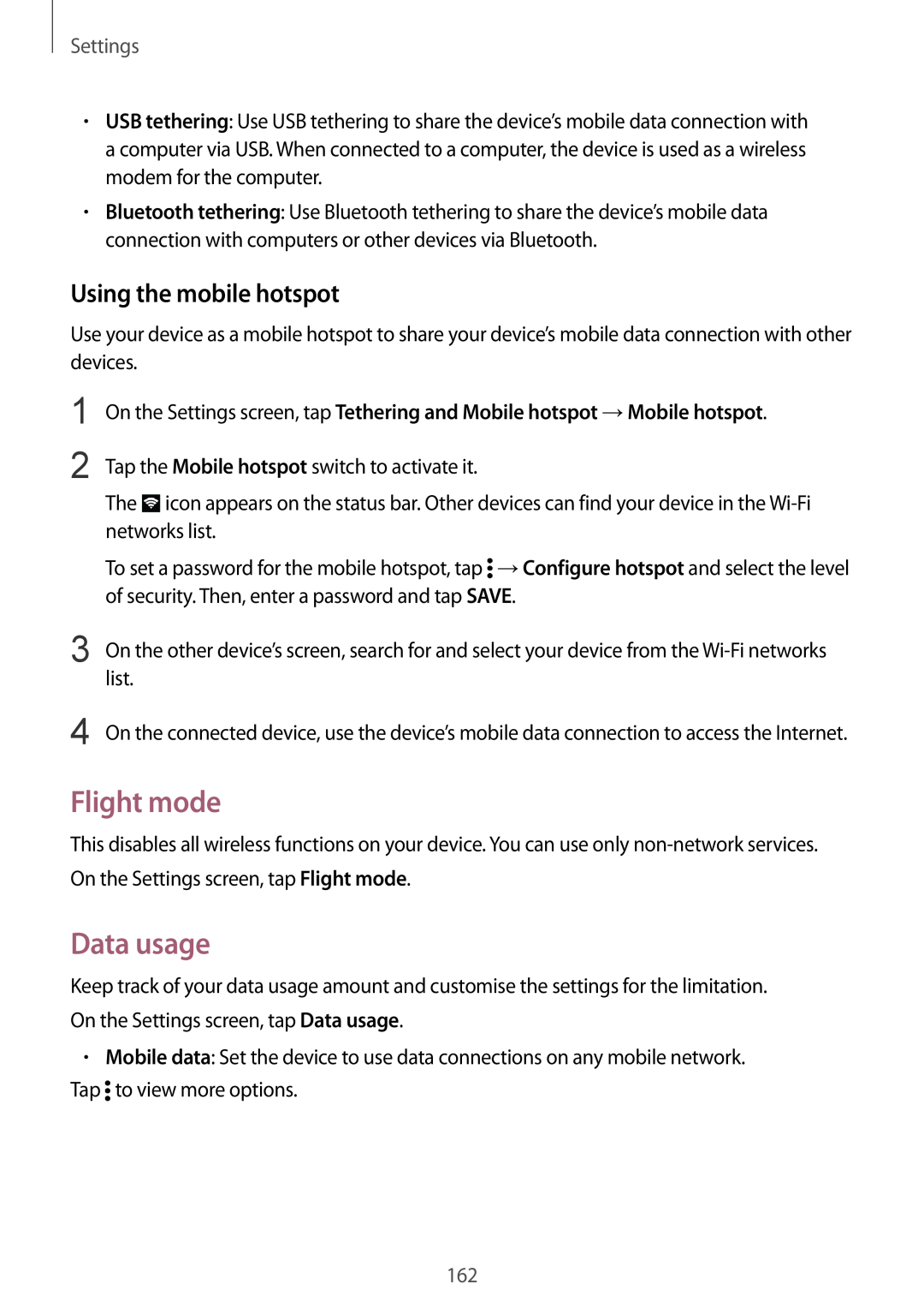 Samsung SM-N915FZWYATO, SM-N915FZWYEUR, SM-N915FZKYATO manual Flight mode, Data usage, Using the mobile hotspot, Settings 