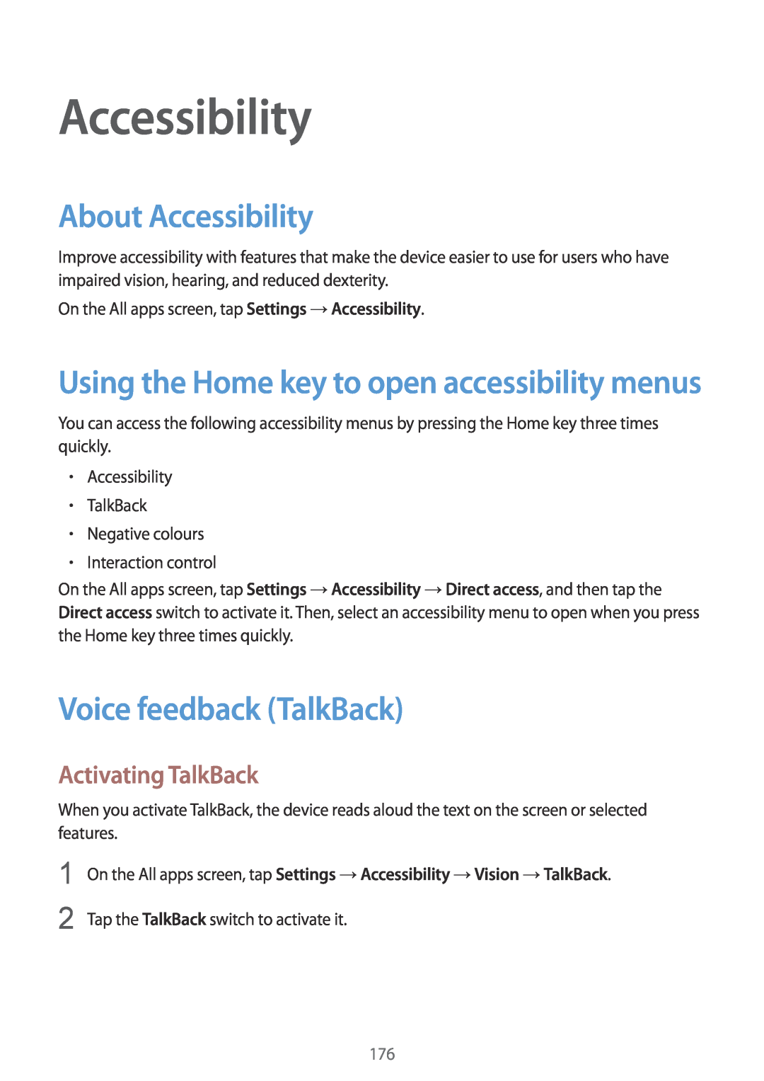 Samsung SM-N915FZWYORX, SM-N915FZWYEUR manual About Accessibility, Voice feedback TalkBack, Activating TalkBack 