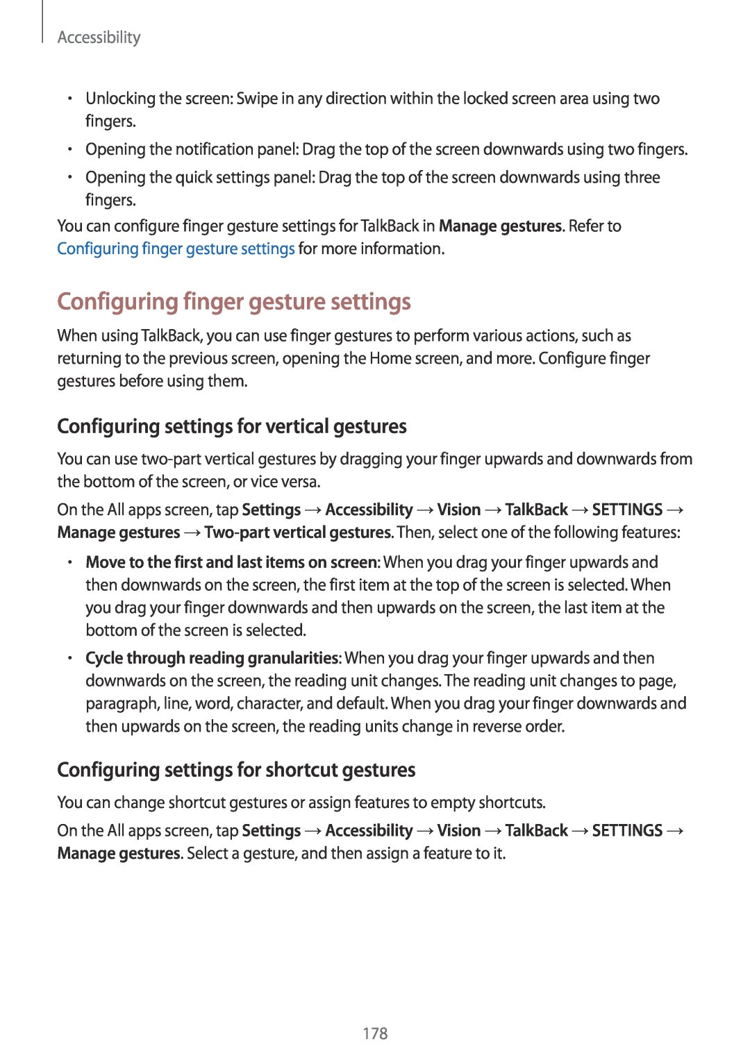 Samsung SM-N915FZWYAUT Configuring finger gesture settings, Configuring settings for vertical gestures, Accessibility 