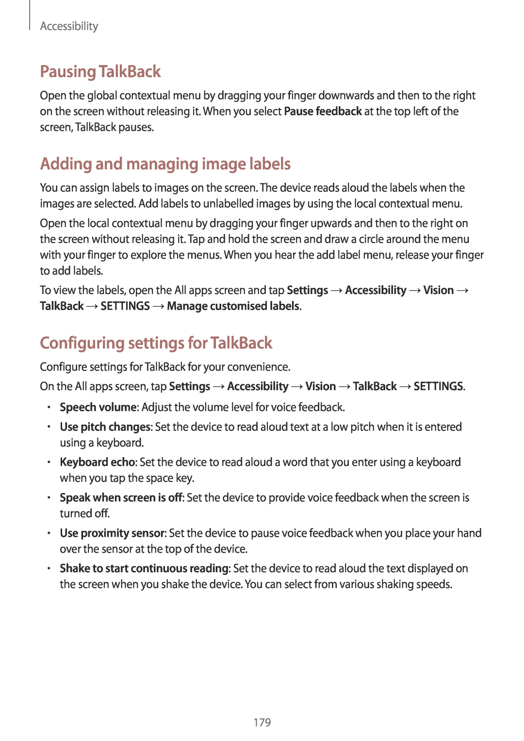 Samsung SM-N915FZKYETL manual Pausing TalkBack, Adding and managing image labels, Configuring settings for TalkBack 