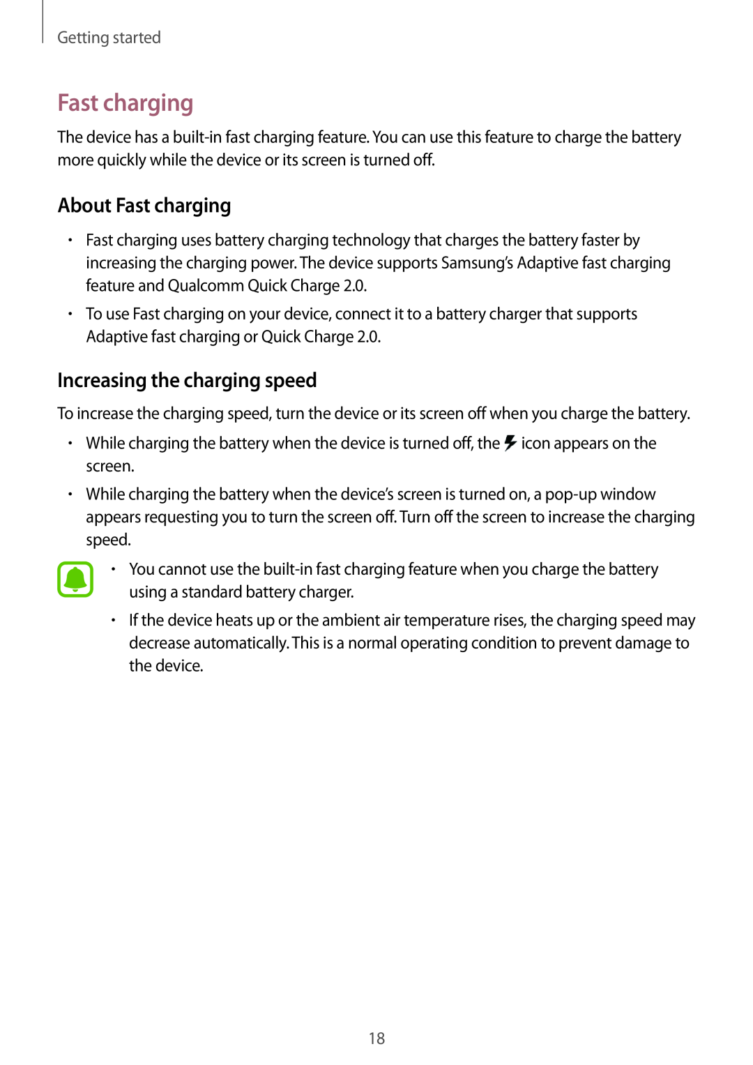 Samsung SM-N915FZWYBGL, SM-N915FZWYEUR manual About Fast charging, Increasing the charging speed, Getting started 