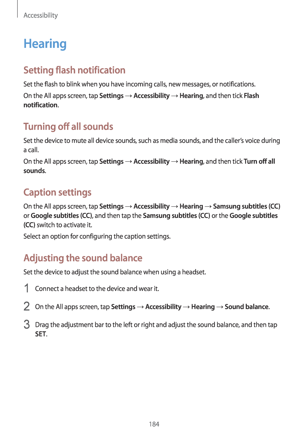 Samsung SM-N915FZWESER manual Hearing, Setting flash notification, Turning off all sounds, Caption settings, Accessibility 