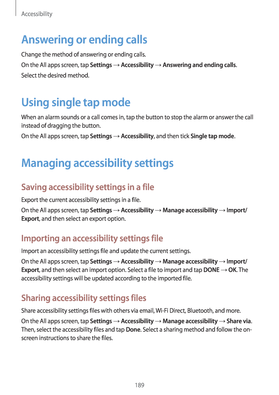 Samsung SM-N915FZKYTPH Answering or ending calls, Using single tap mode, Managing accessibility settings, Accessibility 
