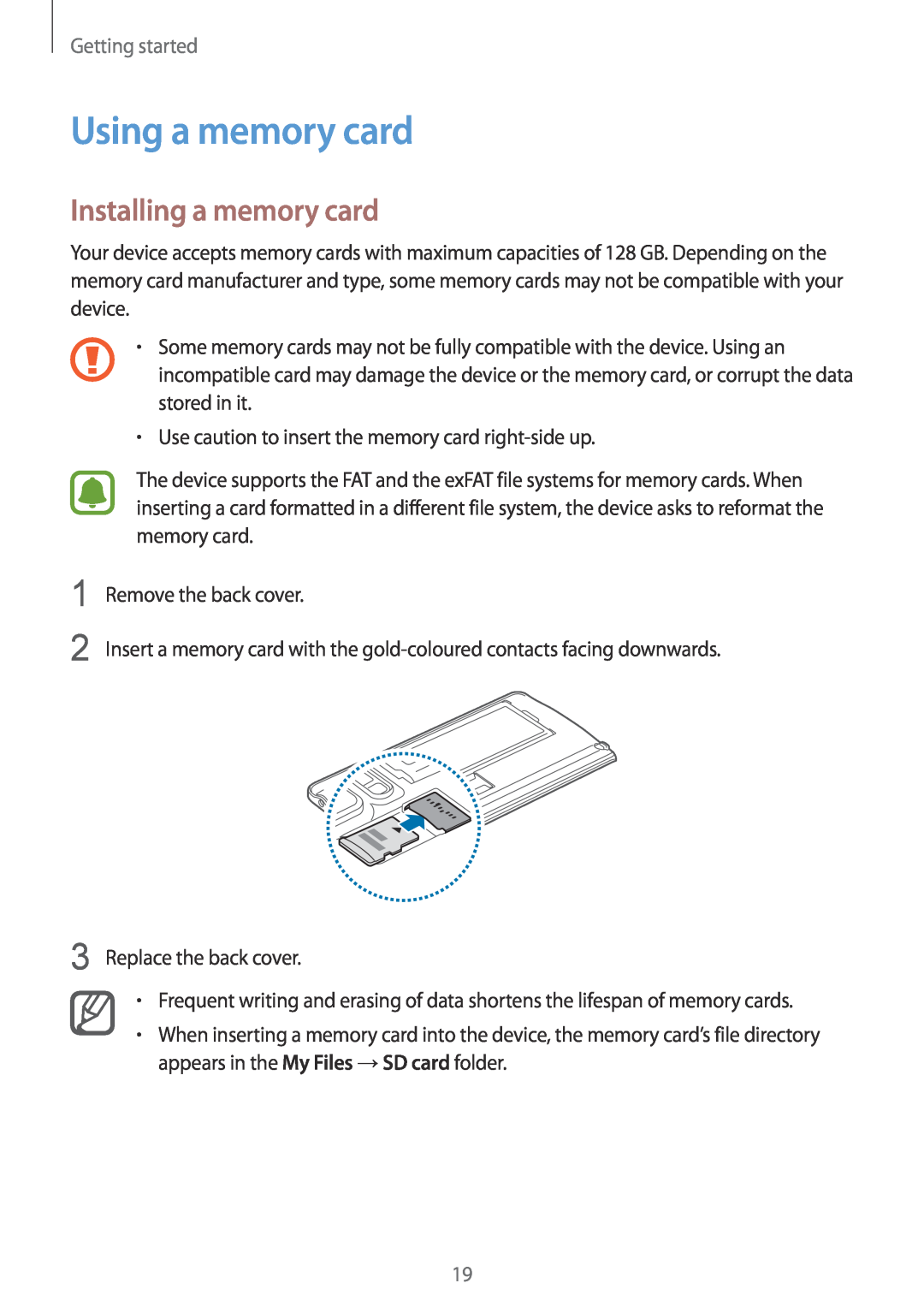 Samsung SM-N915FZKYBGL, SM-N915FZWYEUR, SM-N915FZKYATO manual Using a memory card, Installing a memory card, Getting started 