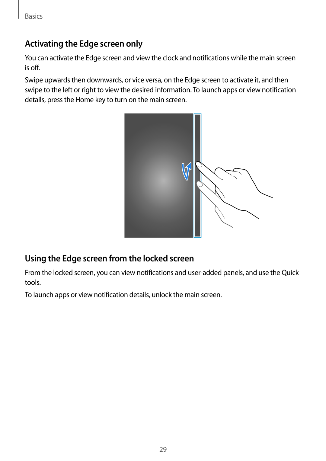 Samsung SM-N915FZWESER manual Activating the Edge screen only, Using the Edge screen from the locked screen, Basics 