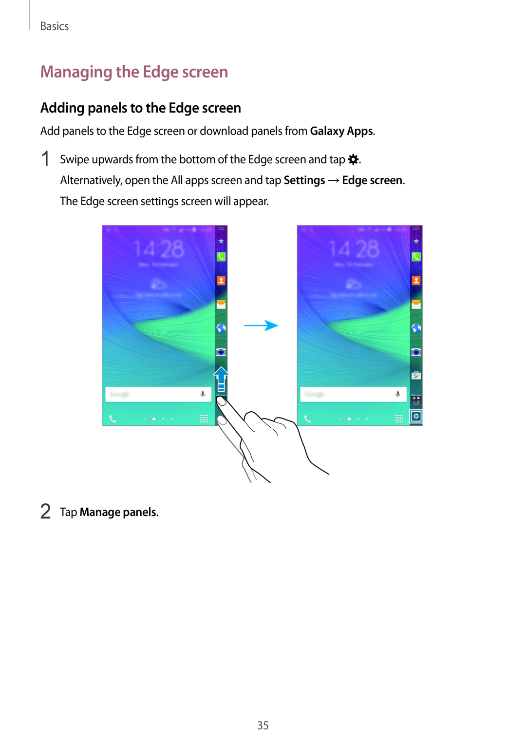 Samsung SM-N915FZWYXEO manual Managing the Edge screen, Adding panels to the Edge screen, Tap Manage panels, Basics 