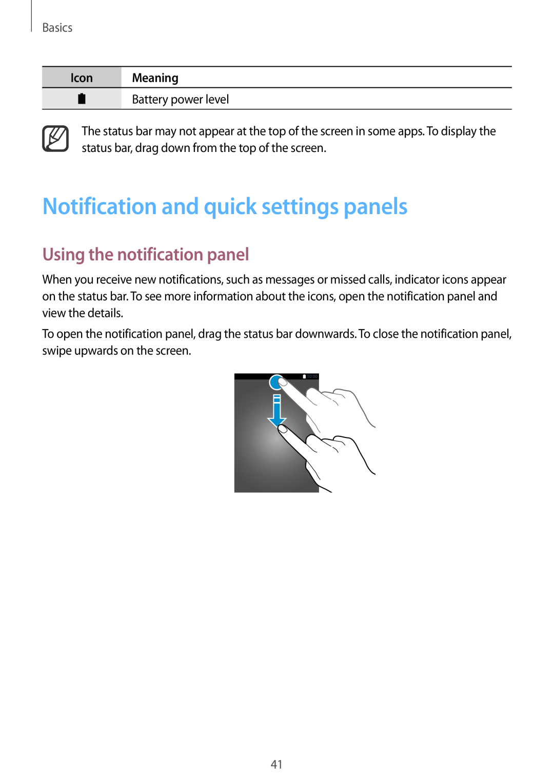 Samsung SM-N915FZKYXEF manual Notification and quick settings panels, Using the notification panel, Icon Meaning, Basics 
