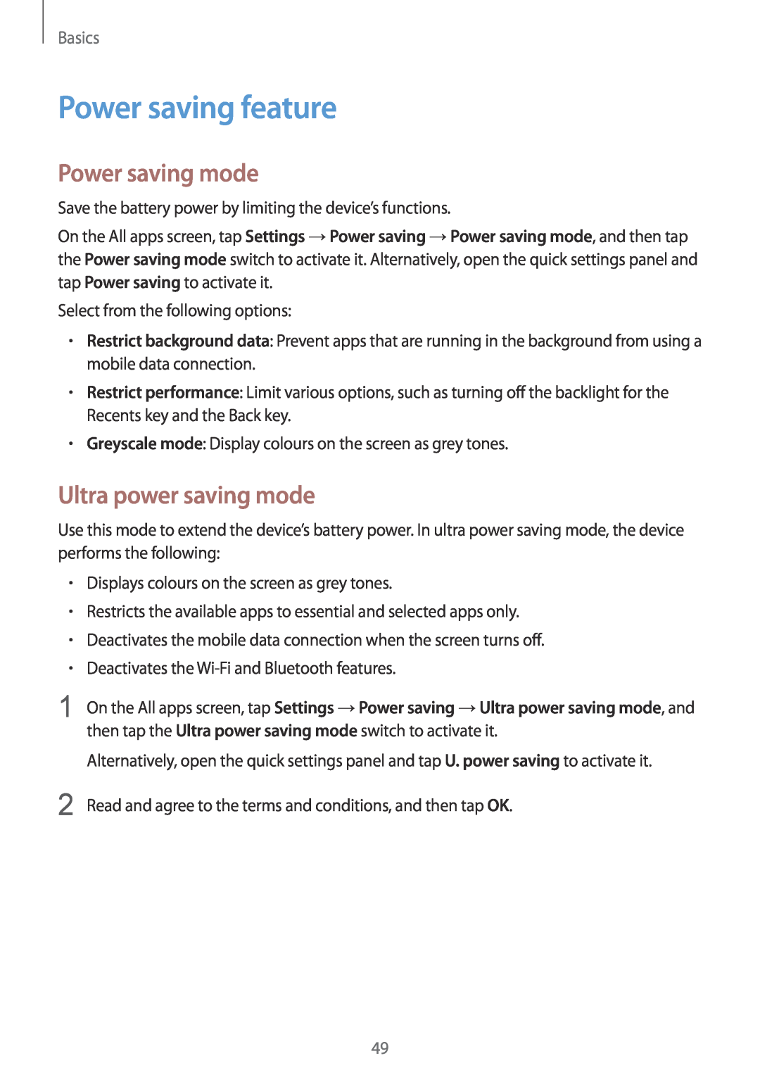 Samsung SM-N915FZWYBGL, SM-N915FZWYEUR manual Power saving feature, Power saving mode, Ultra power saving mode, Basics 