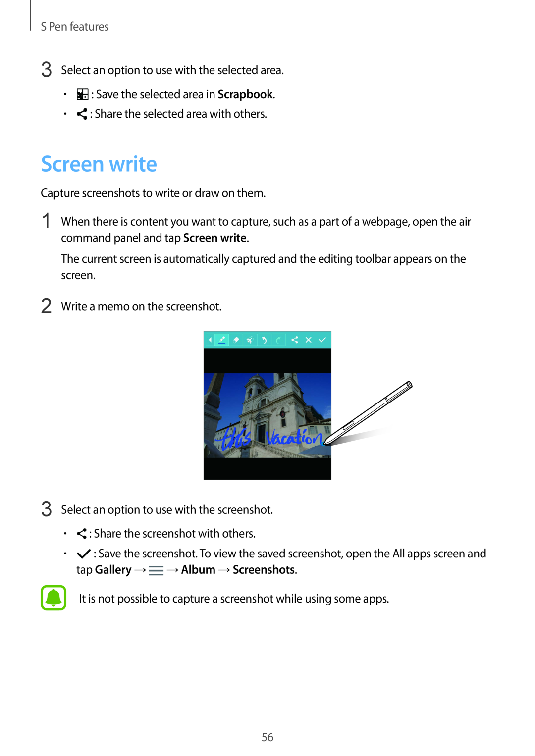 Samsung SM-N915FZKYXEH, SM-N915FZWYEUR, SM-N915FZKYATO, SM-N915FZWYTPH, SM-N915FZKYTPH manual Screen write, S Pen features 