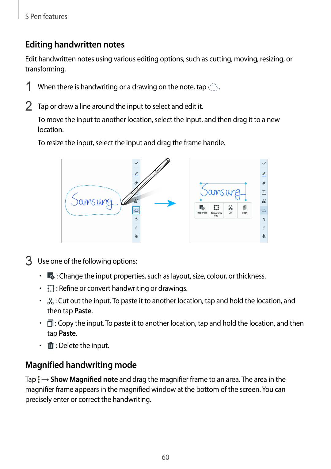Samsung SM-N915FZWESER, SM-N915FZWYEUR manual Editing handwritten notes, Magnified handwriting mode, S Pen features 