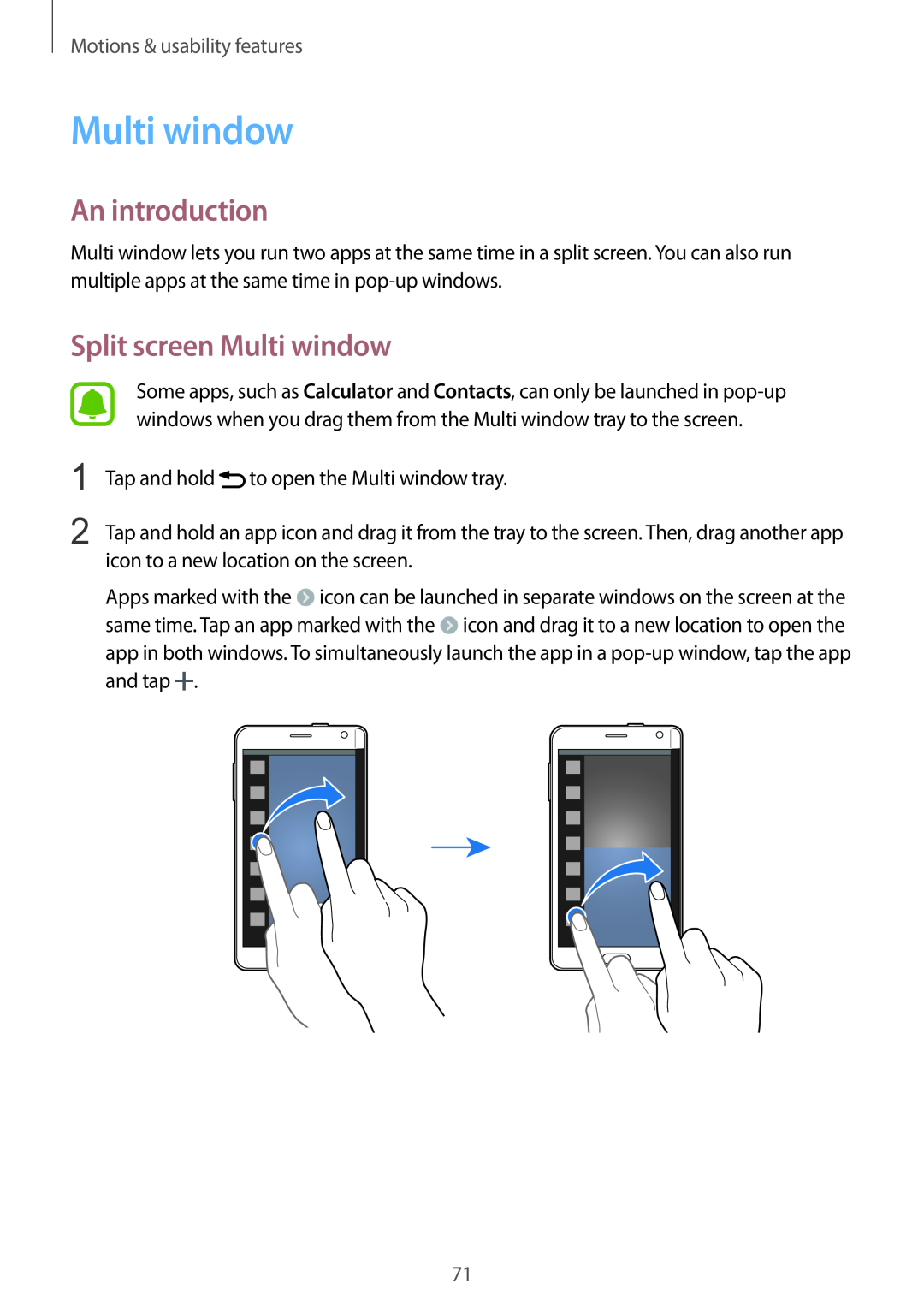 Samsung SM-N915FZKYDBT, SM-N915FZWYEUR manual Split screen Multi window, An introduction, Motions & usability features 