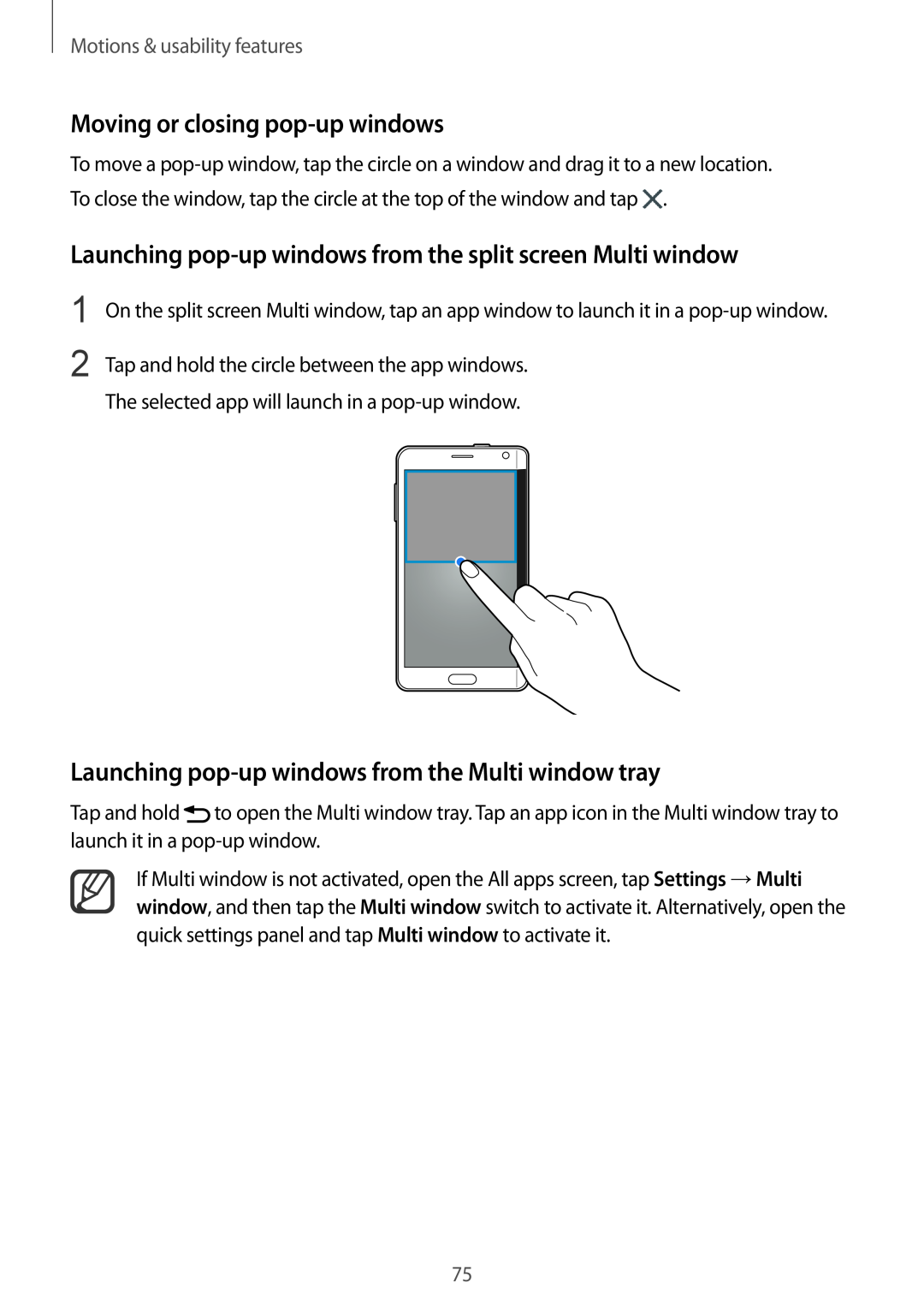 Samsung SM-N915FZKYXEO manual Moving or closing pop-up windows, Launching pop-up windows from the split screen Multi window 
