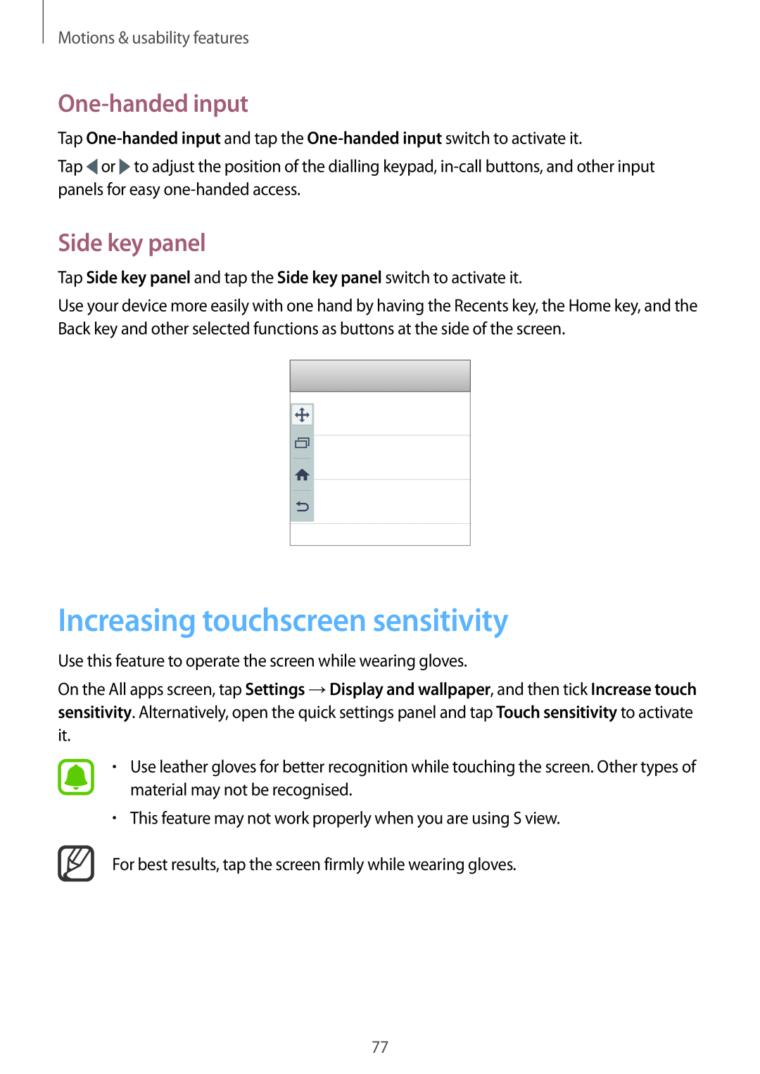 Samsung SM-N915FZKYITV Increasing touchscreen sensitivity, One-handed input, Side key panel, Motions & usability features 