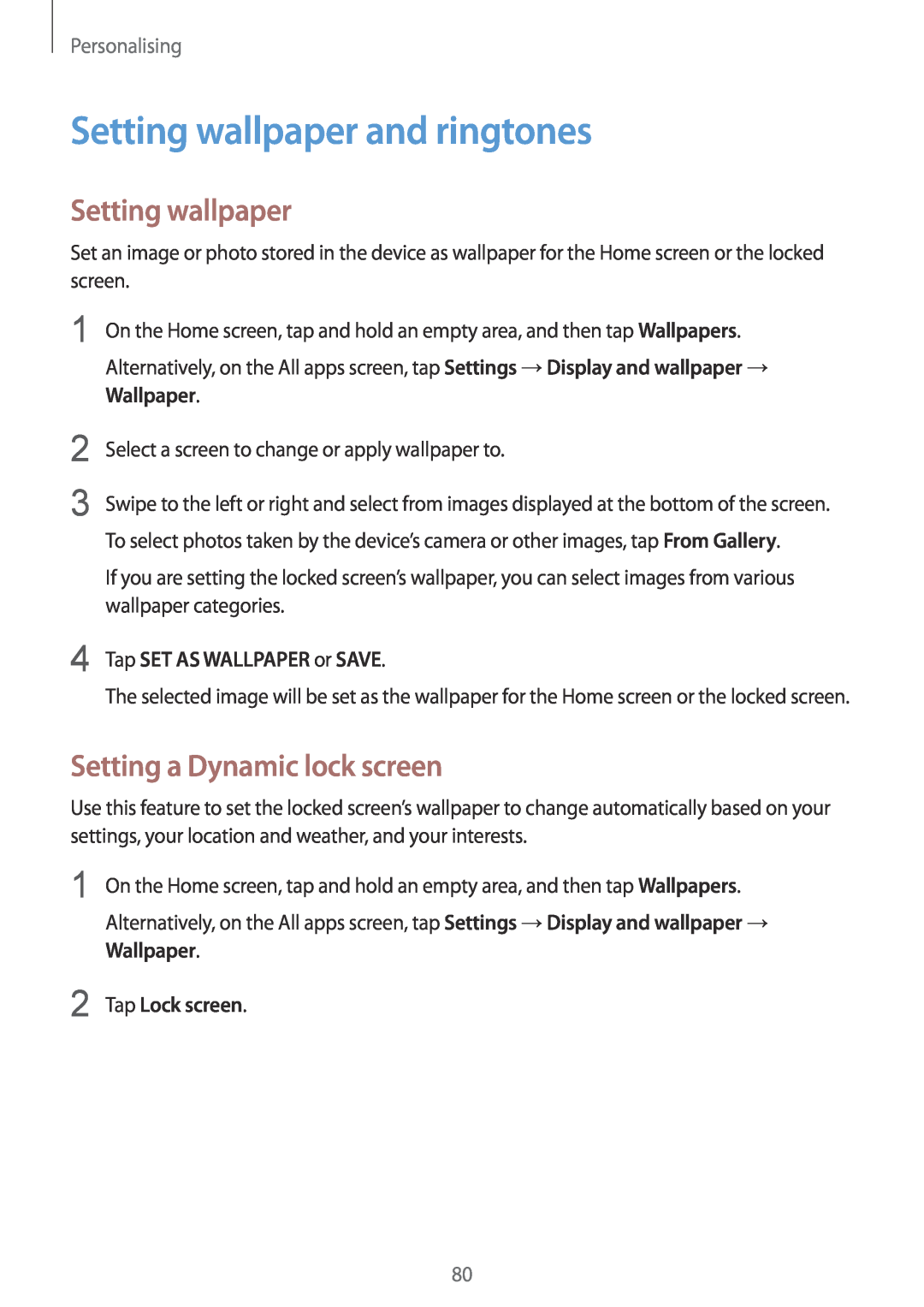 Samsung SM-N915FZWYBGL manual Setting wallpaper and ringtones, Setting a Dynamic lock screen, Tap SET AS WALLPAPER or SAVE 