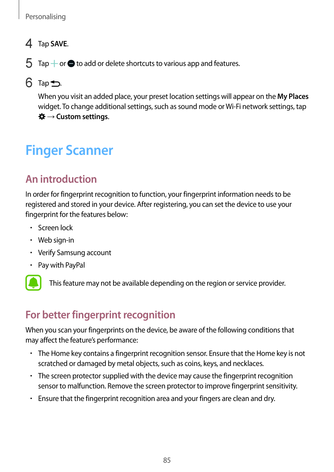 Samsung SM-N915FZWYAUT manual Finger Scanner, For better fingerprint recognition, →Custom settings, An introduction 