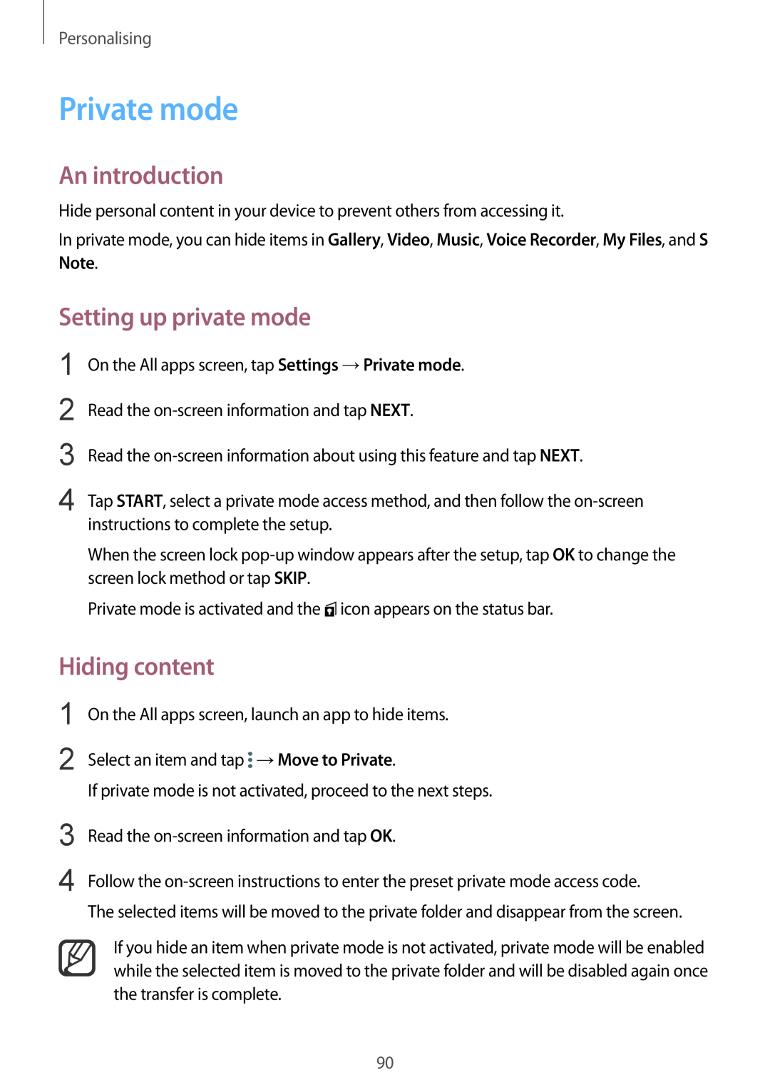 Samsung SM-N915FZWYSEB manual Private mode, Setting up private mode, Hiding content, An introduction, Personalising 