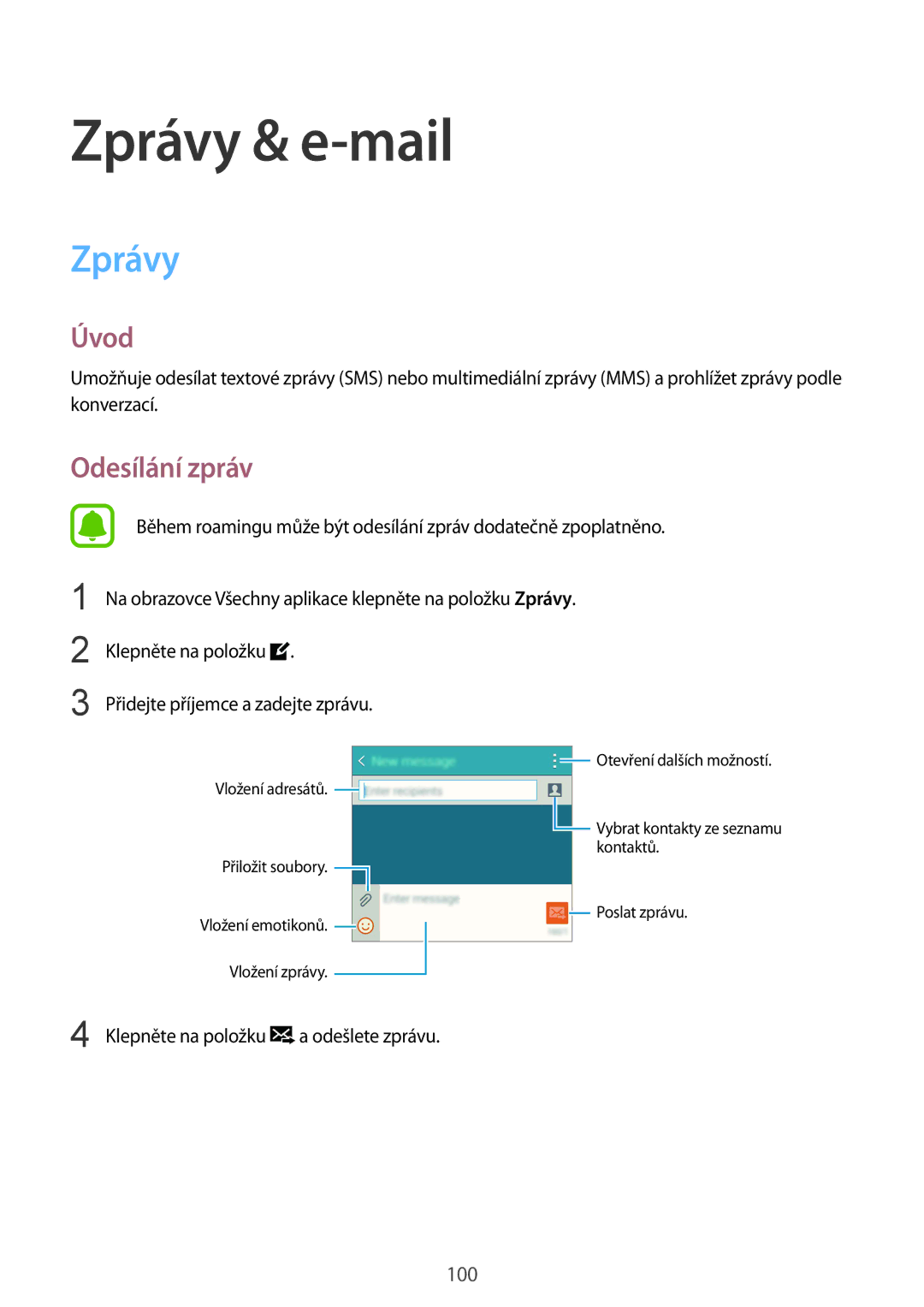 Samsung SM-N915FZKYORX, SM-N915FZWYEUR, SM-N915FZKYATO, SM-N915FZWYXEO, SM-N915FZKYEUR manual Zprávy & e-mail, Odesílání zpráv 