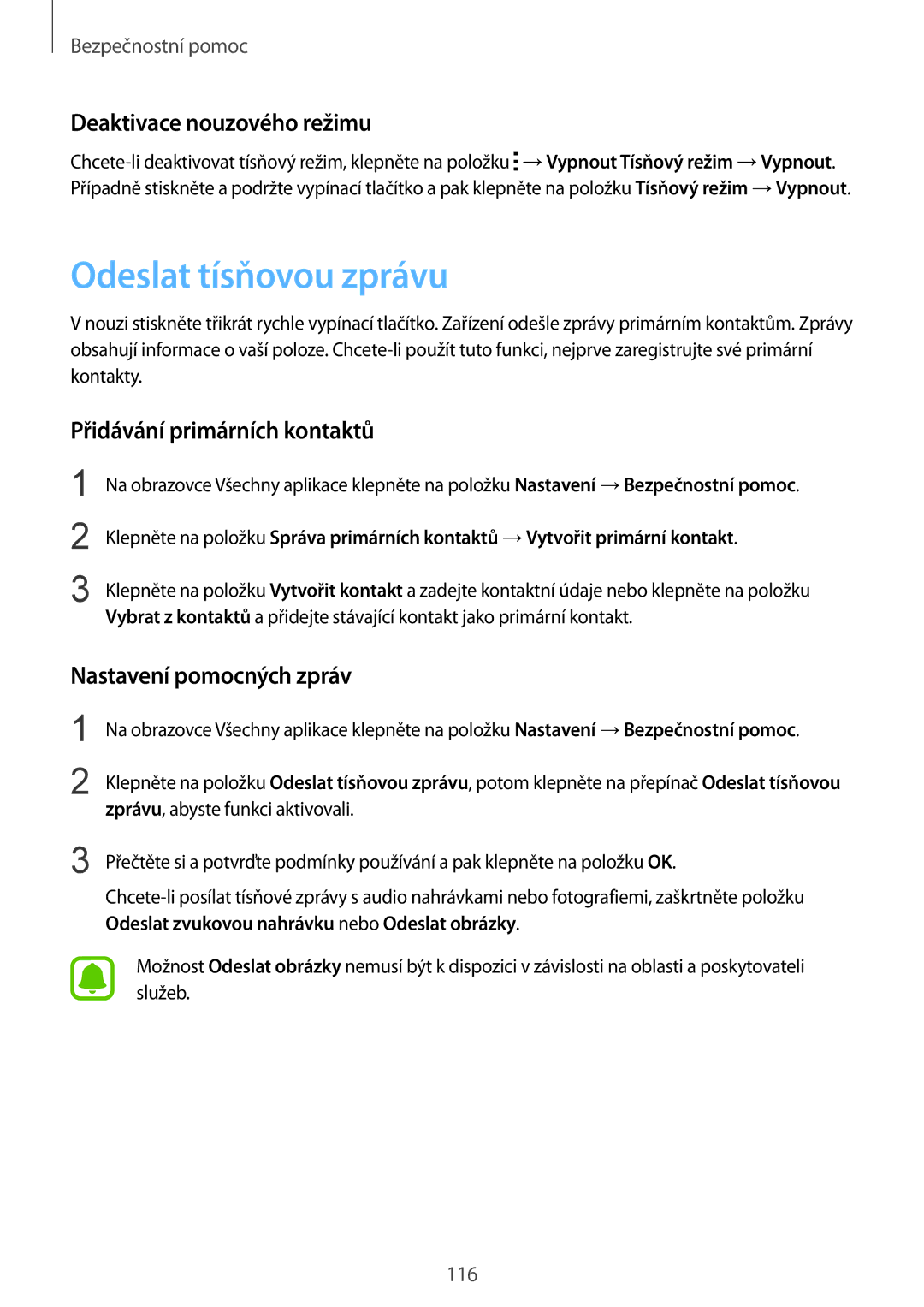 Samsung SM-N915FZKYXEH, SM-N915FZWYEUR Odeslat tísňovou zprávu, Deaktivace nouzového režimu, Přidávání primárních kontaktů 