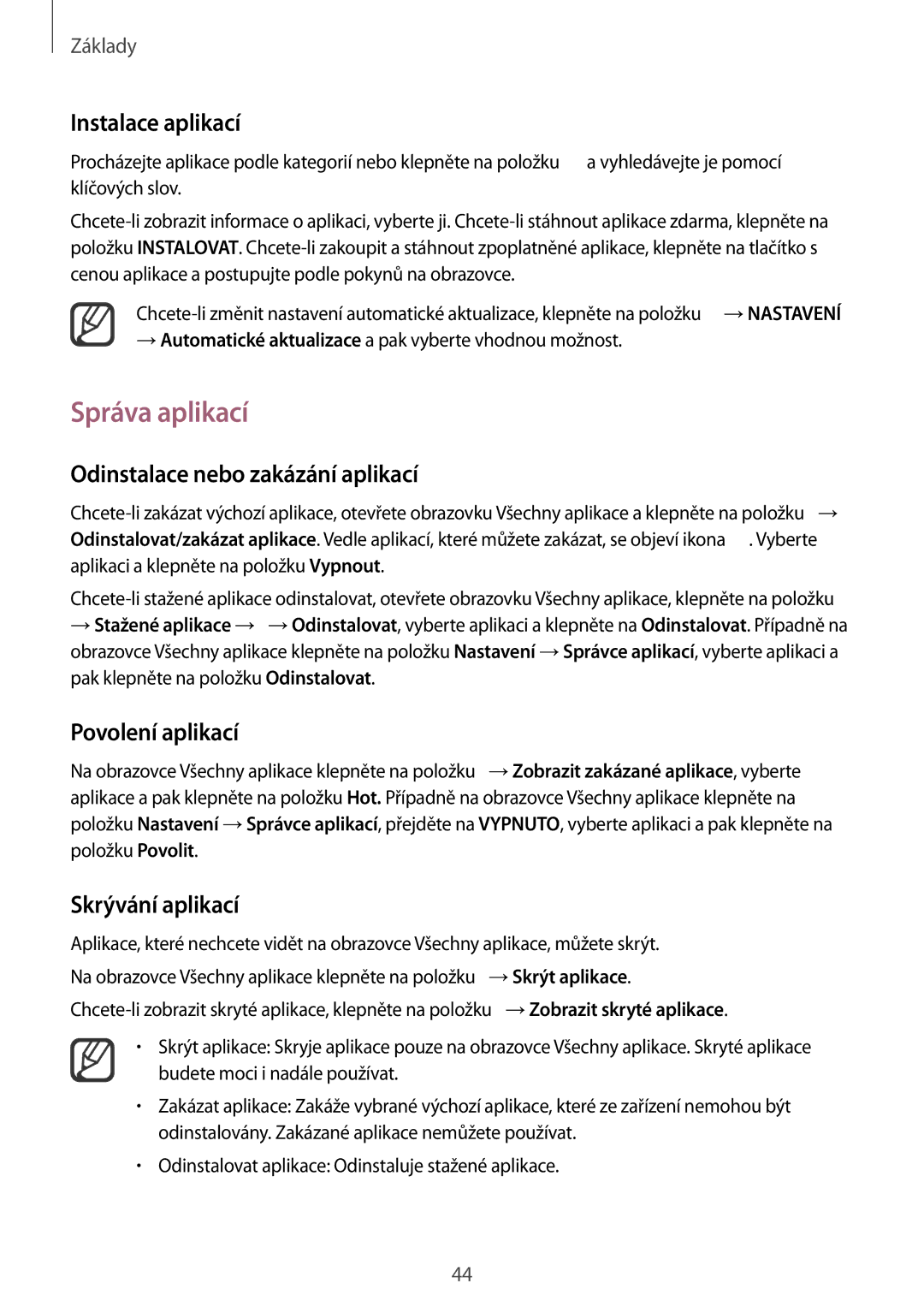 Samsung SM-N915FZKYXEO manual Správa aplikací, Odinstalace nebo zakázání aplikací, Povolení aplikací, Skrývání aplikací 