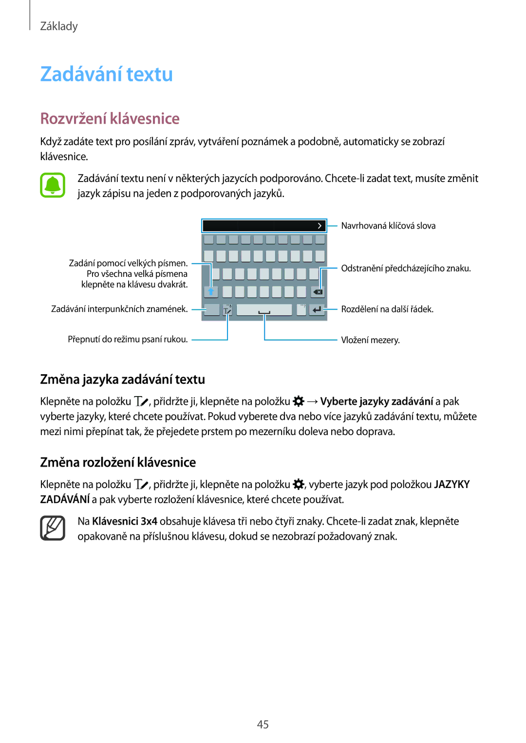 Samsung SM-N915FZKYAUT manual Zadávání textu, Rozvržení klávesnice, Změna jazyka zadávání textu, Změna rozložení klávesnice 