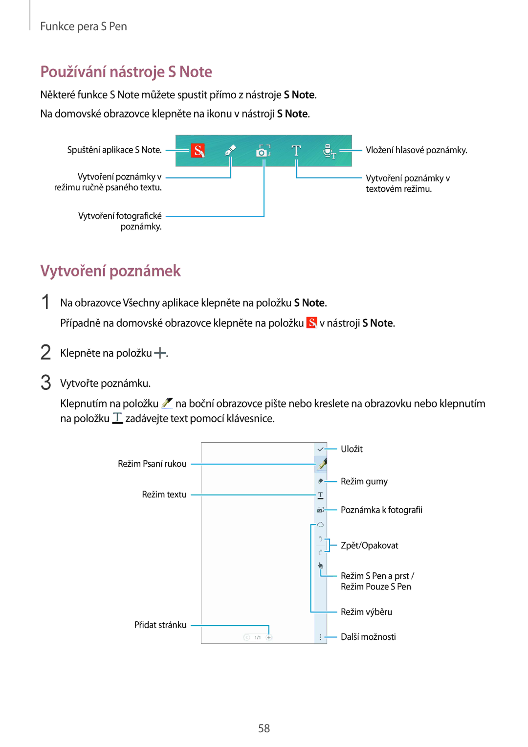 Samsung SM-N915FZKYAUT, SM-N915FZWYEUR, SM-N915FZKYATO, SM-N915FZWYXEO manual Používání nástroje S Note, Vytvoření poznámek 