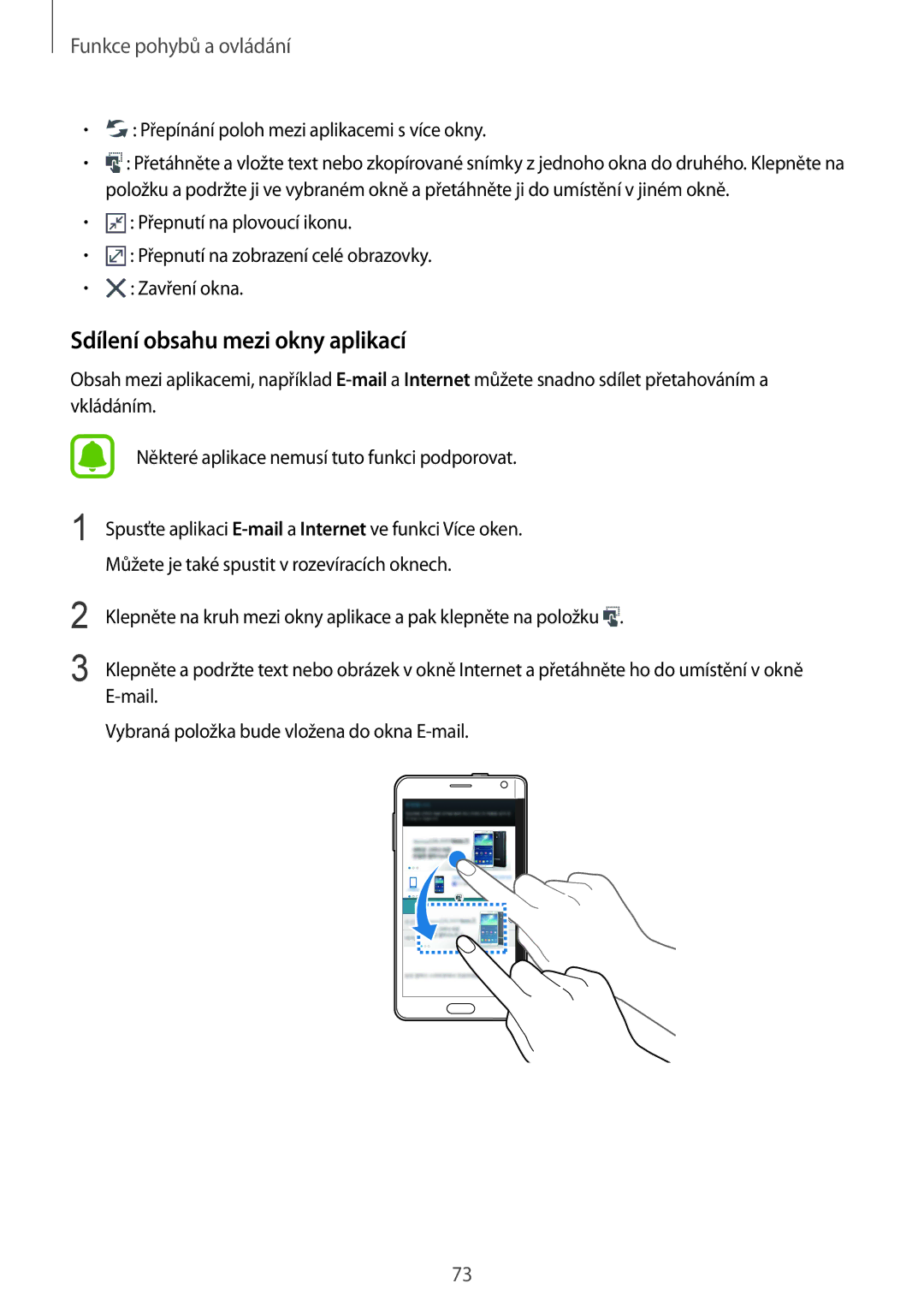 Samsung SM-N915FZWYORX, SM-N915FZWYEUR manual Sdílení obsahu mezi okny aplikací, Přepínání poloh mezi aplikacemi s více okny 