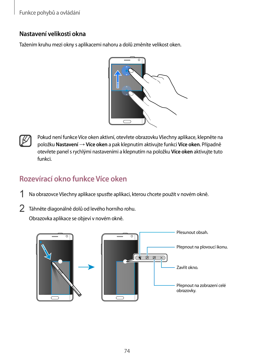 Samsung SM-N915FZKYORX, SM-N915FZWYEUR, SM-N915FZKYATO manual Rozevírací okno funkce Více oken, Nastavení velikosti okna 