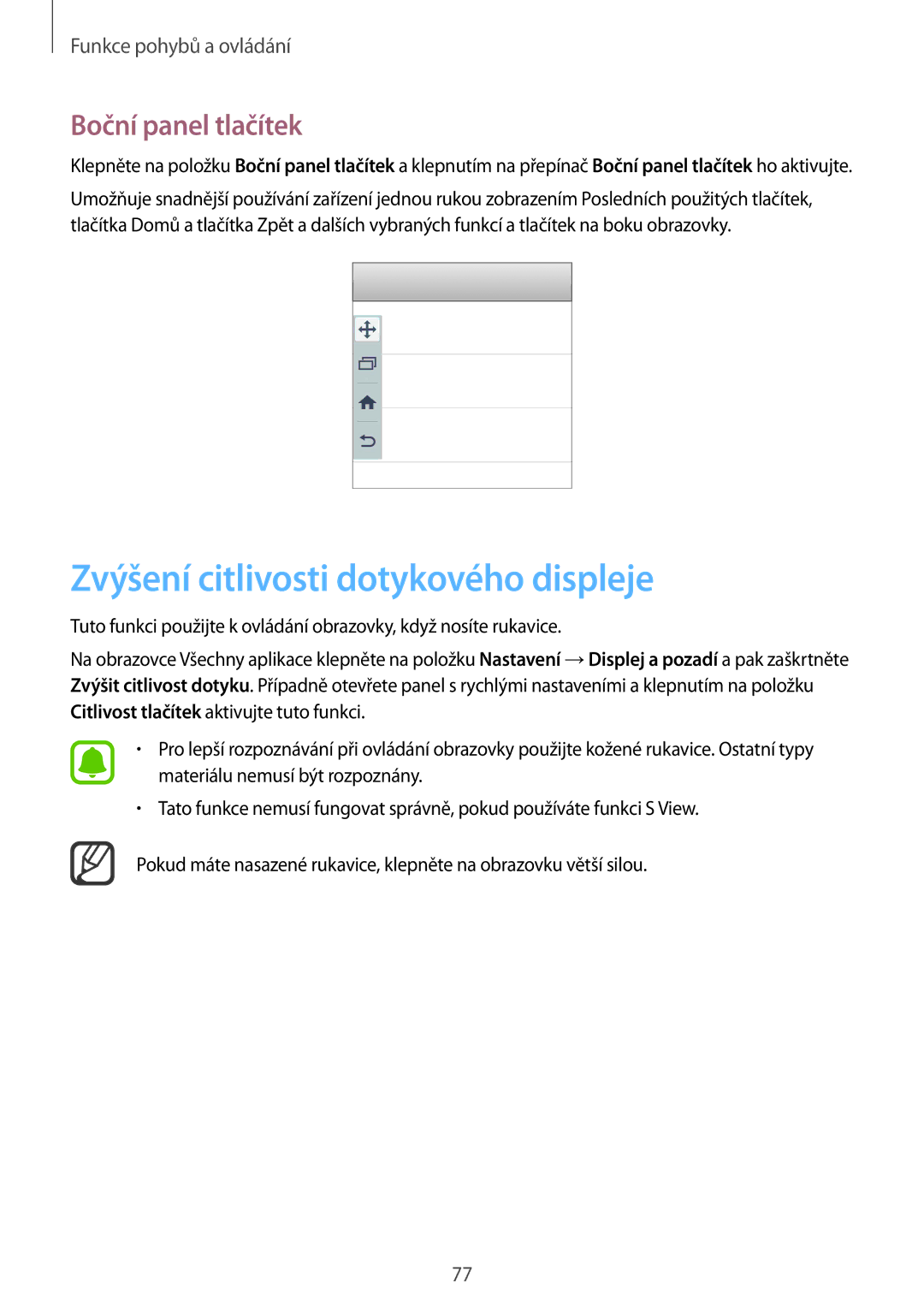 Samsung SM-N915FZKYXEH, SM-N915FZWYEUR, SM-N915FZKYATO manual Zvýšení citlivosti dotykového displeje, Boční panel tlačítek 