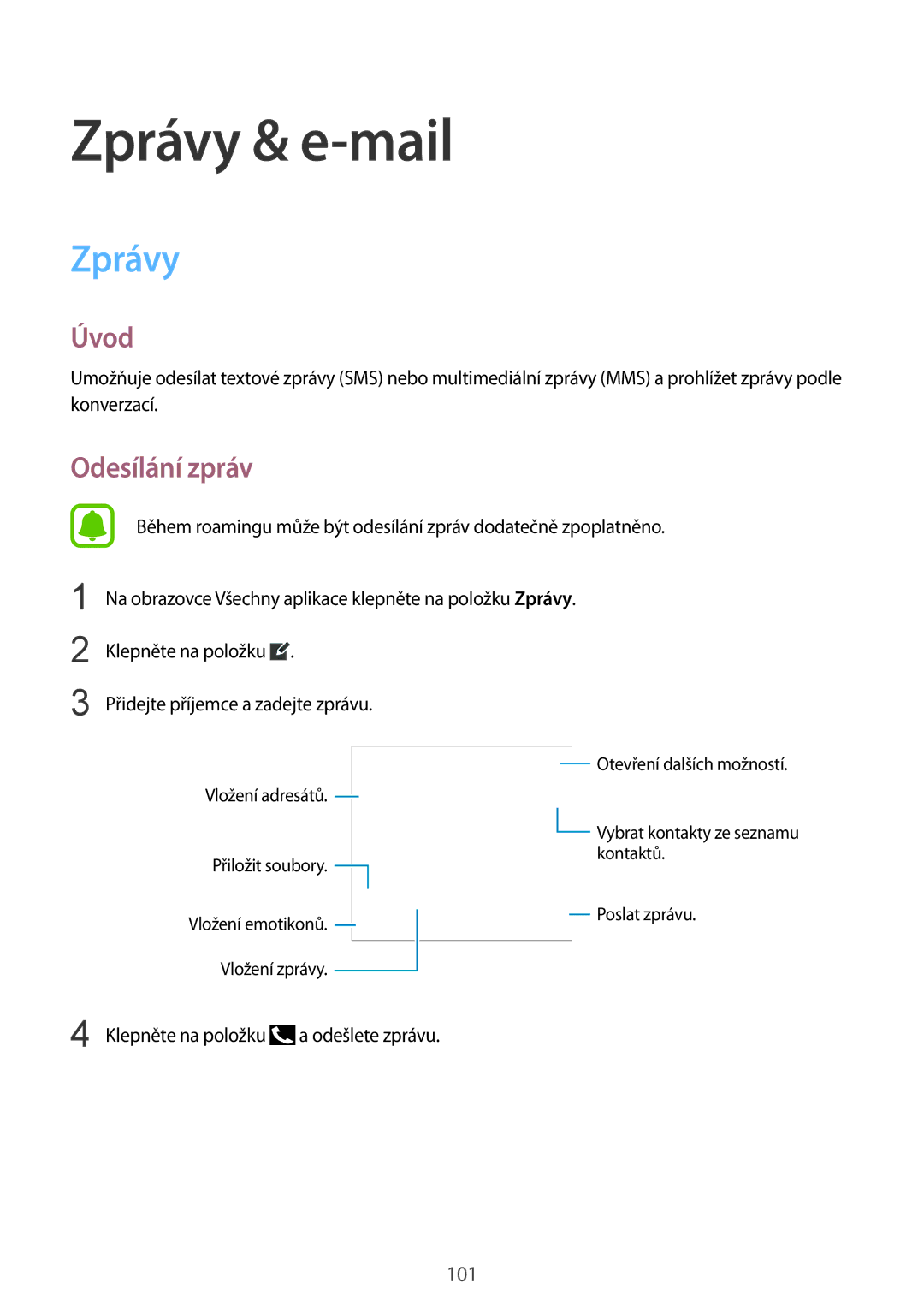 Samsung SM-N915FZWYAUT, SM-N915FZWYEUR, SM-N915FZKYATO, SM-N915FZWYXEO, SM-N915FZKYEUR manual Zprávy & e-mail, Odesílání zpráv 